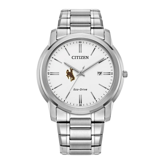 Men's Citizen Watch Silver Wyoming Cowboys Eco-Drive White Dial Stainless Steel Watch
