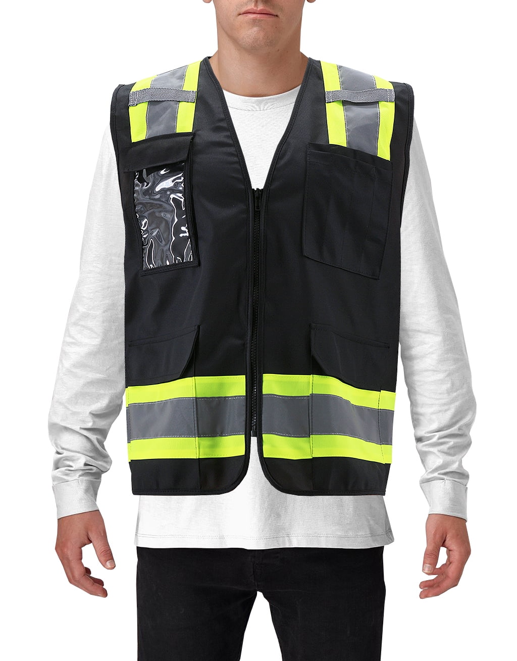 Men's Class 2 Type R Safety High Visibility Zipper Reflective Neon Work Vest (Black, M)