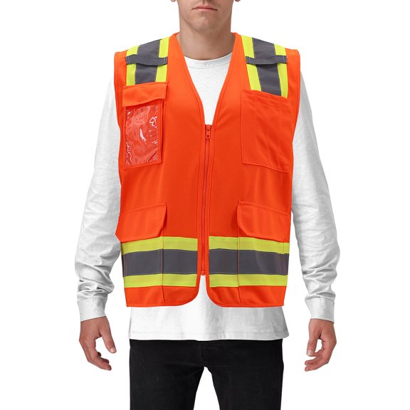 Men's Class 2 Type R Safety High Visibility Zipper Reflective Neon Work Vest (Orange, 4XL)