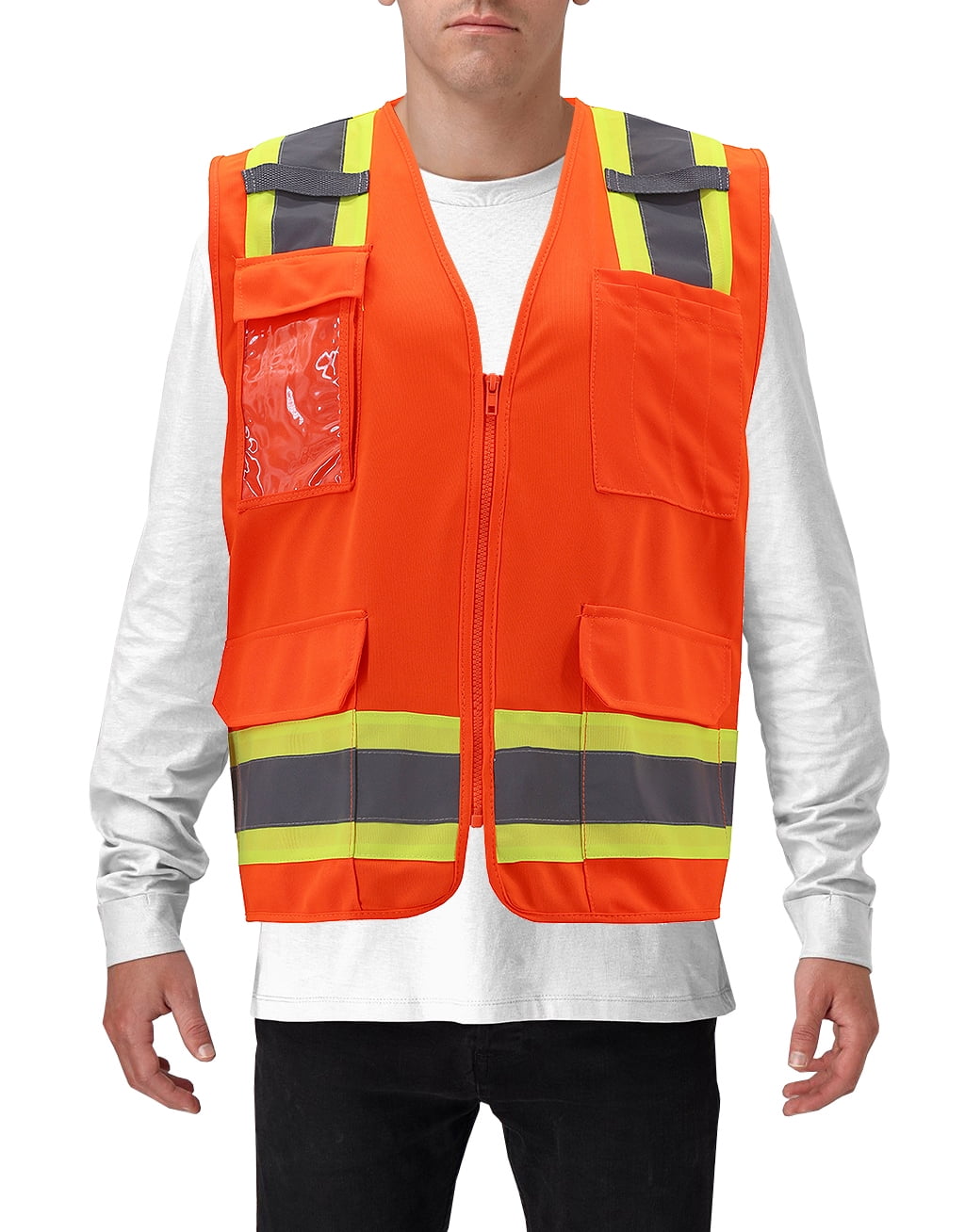 Men's Class 2 Type R Safety High Visibility Zipper Reflective Neon Work Vest (Orange, M)