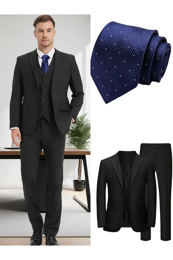 Men's Classic 4pcs Suit Set, Flip Collar Two Button Lapel Jacket Vest Pants And Blue Spotted Tie, Solid Color Set for Weddings Business Events, Passover Easter Gifts