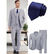 Mens Classic 4pcs Suit Set, Flip Collar Two Button Lapel Jacket Vest Pants And Blue Spotted Tie, Solid Color Set for Weddings Business Events, Passover Easter Gifts