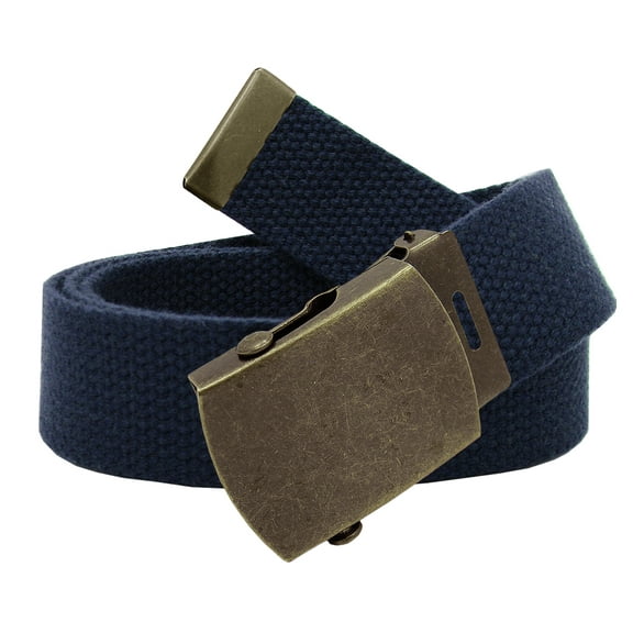 Men's Classic Antique Gold Military Slider Belt Buckle with Canvas Web Belt Large Navy Blue