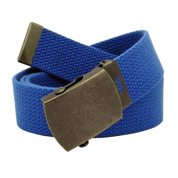 Men's Classic Antique Gold Military Slider Belt Buckle with Canvas Web Belt Large Royal Blue