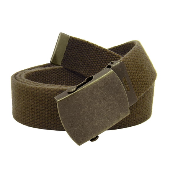 Men's Classic Antique Gold Military Slider Belt Buckle with Canvas Web Belt Medium Brown