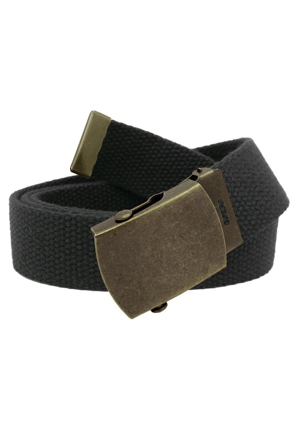 Men's Classic Antique Gold Military Slider Belt Buckle with Canvas Web Belt Small Black