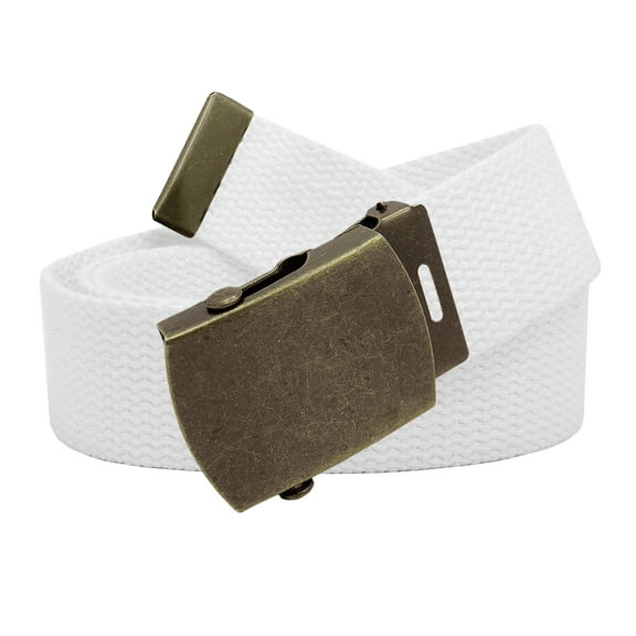 Men's Classic Antique Gold Military Slider Belt Buckle with Canvas Web Belt X-Large White