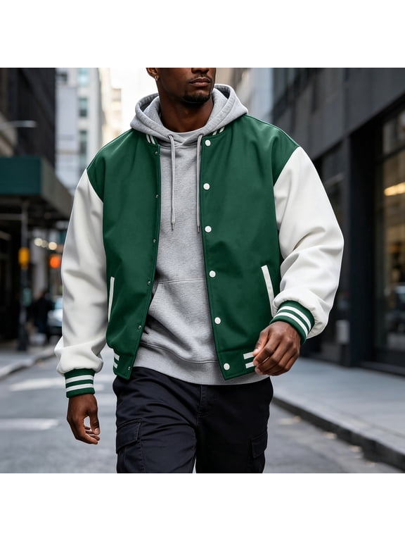 Men's Classic Baseball Jacket with Stand Collar and Snap Buttons - Retro College Style Bomber Coat for Casual Wear Dark Green XL