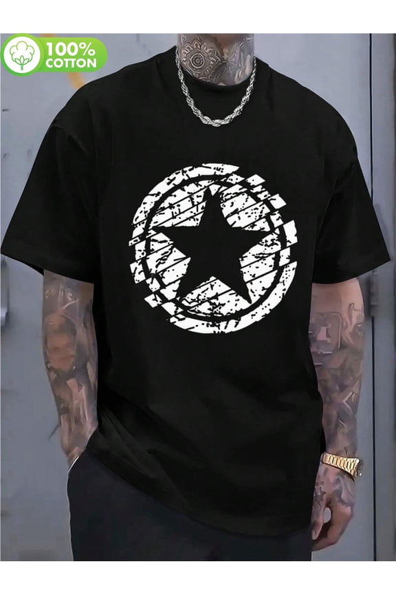 Men's Classic Black T-Shirt with Distressed White Star Print - 100% Cotton Soft & Breathable Crew Neck Tee, Regular Fit for Casual Outdoor Hiking, Gym & Summer Style, Camping T Shirts,