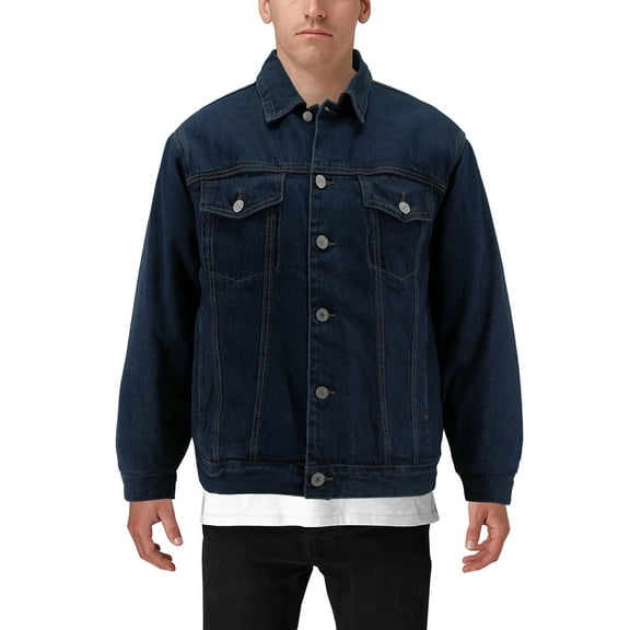 Men’s Classic Blue Button Up Casual Jean Sherpa Lined Cotton Denim Jacket (Dark Blue, L)