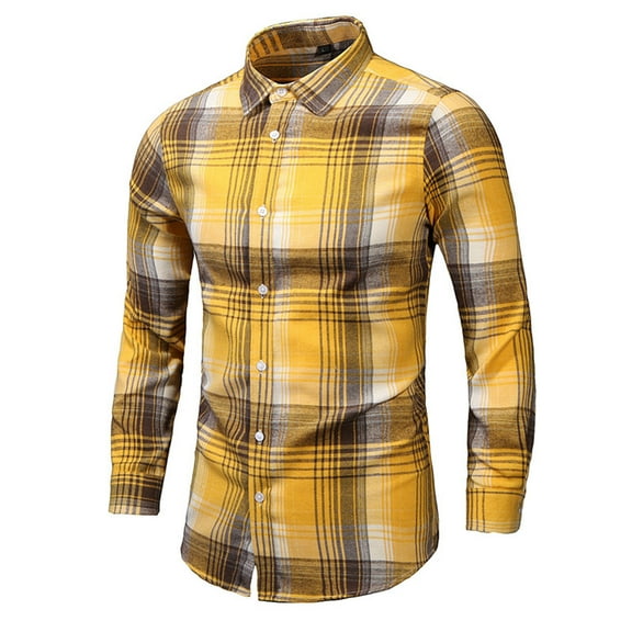 Men's Classic Button Down Shirts Long Sleeve Lapel Neck Cotton Flannel Plaid Blouse Slim Fit Spring Fall Tops (XL, Yellow)