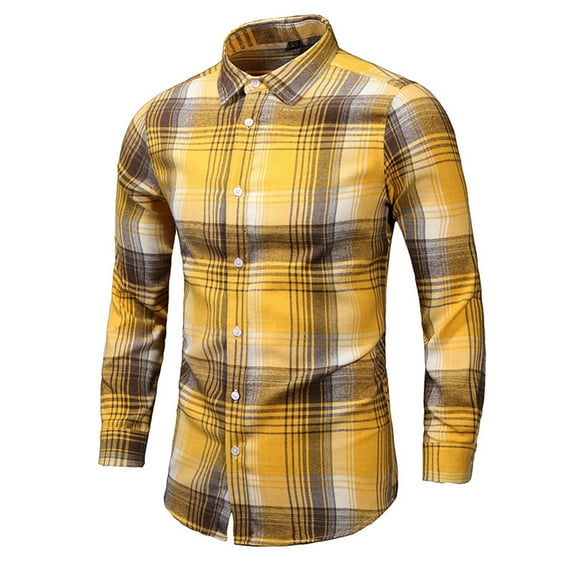 Men's Classic Button Down Shirts Long Sleeve Lapel Neck Cotton Flannel Plaid Blouse Slim Fit Spring Fall Tops (XL, Yellow)