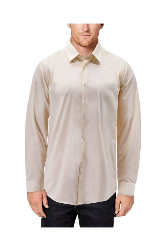 Men's Classic Button Up Long Sleeve Solid Cream Color Slim Fit Dress Shirt (S, Cream)