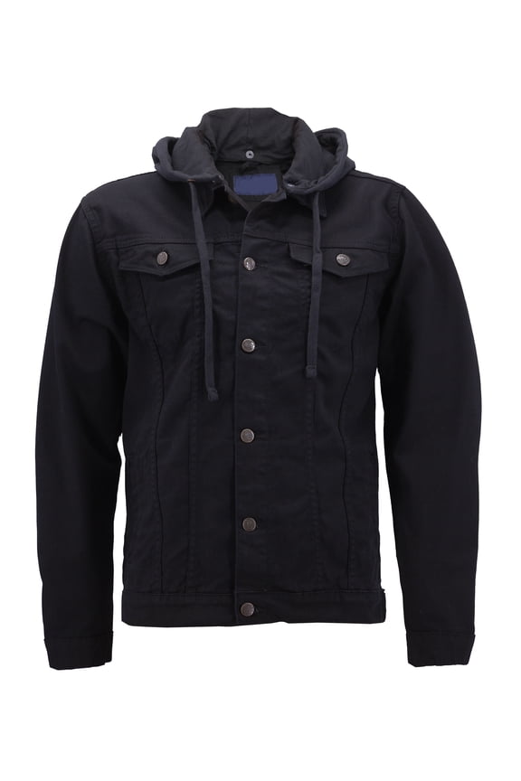 Men’s Classic Button Up Removable Hood Slim Fit Stretch Denim Jean Jacket (Black, S)