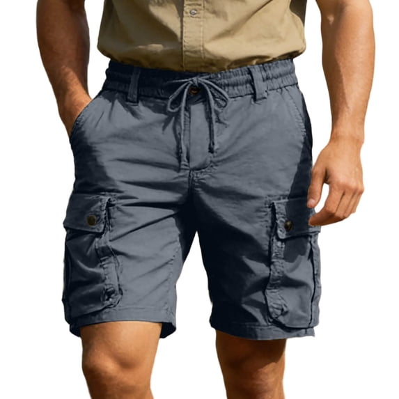 Men's Classic Cargo Shorts 10" Inseam Summer Work Utility Short Pants Twill Elastic Waist Drawstring Knee Length Multi Pockets for Hiking Camping Travel