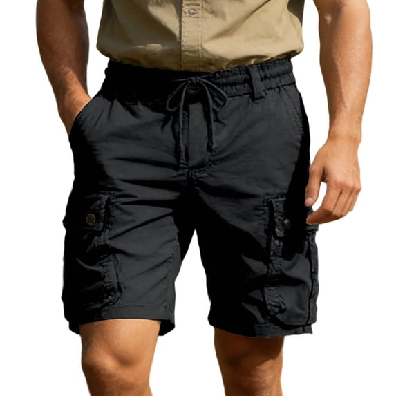 Men's Classic Cargo Shorts 10" Inseam Summer Work Utility Short Pants Twill Elastic Waist Drawstring Knee Length Multi Pockets for Hiking Camping Travel