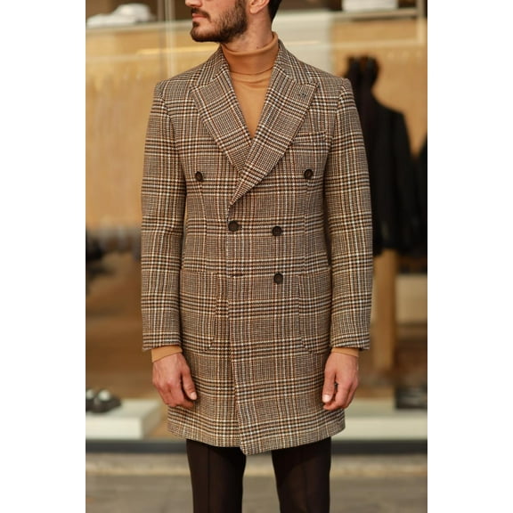 Men's Classic Coat, 80% Wool Soft Textured Buttoned Stylish Brown Double Breasted Coat