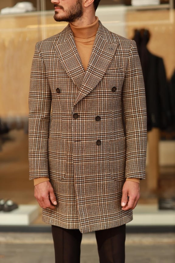 Men's Classic Coat, 80% Wool Soft Textured Buttoned Stylish Brown Double Breasted Coat