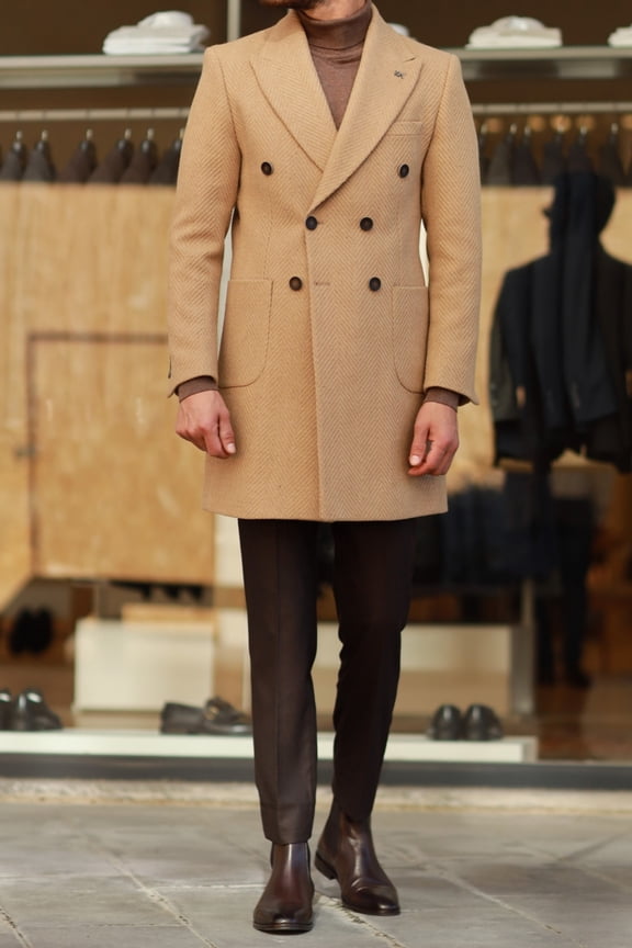 Men's Classic Coat, 80% Wool Soft Textured Buttoned Stylish Camel Double Breasted Coat