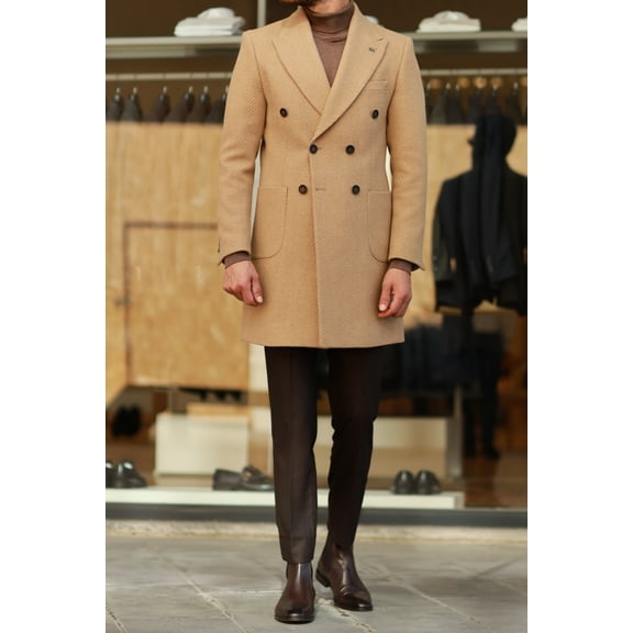 Men's Classic Coat, 80% Wool Soft Textured Buttoned Stylish Camel Double Breasted Coat