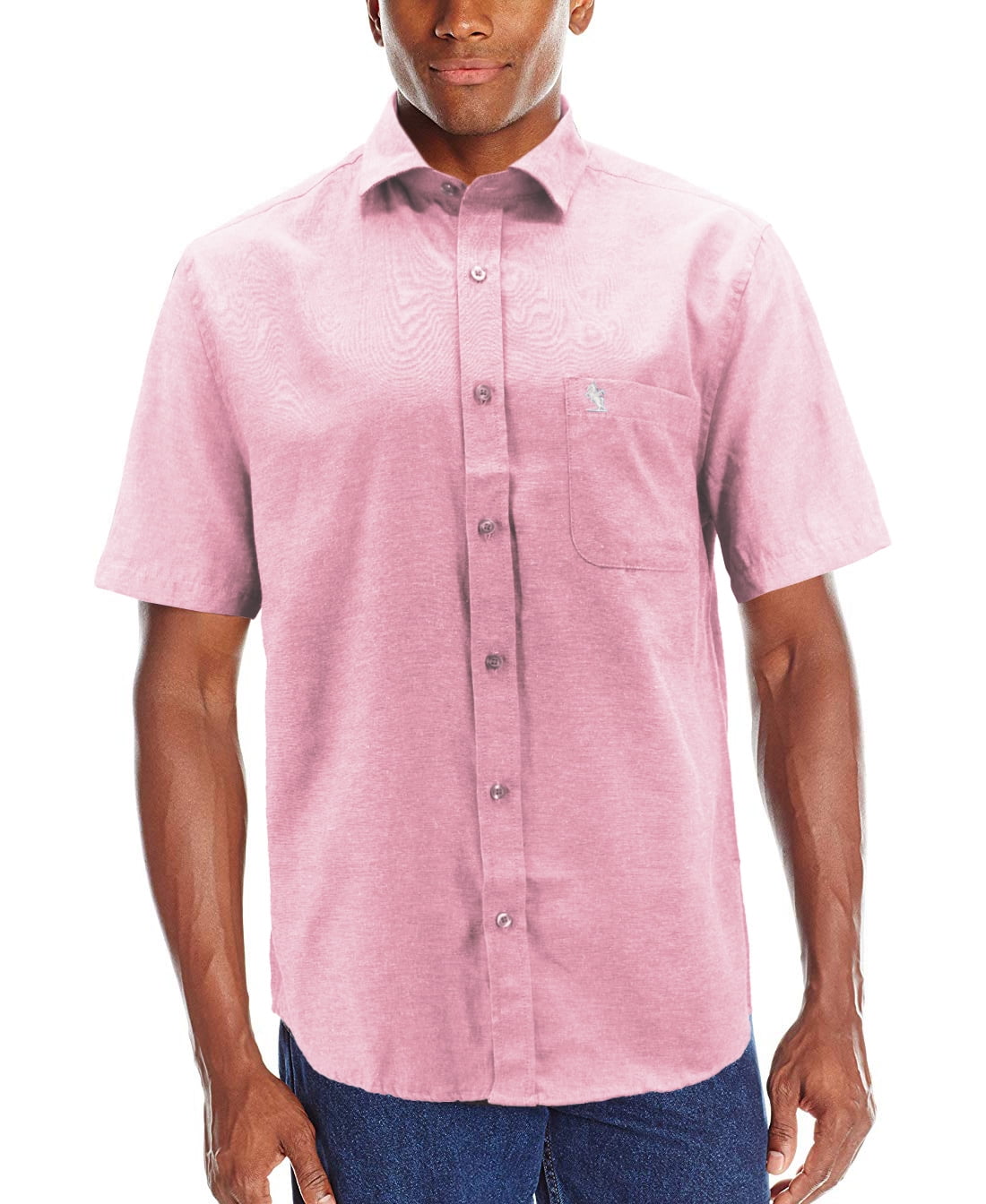 Men's Classic Collared Short Sleeve Embroidered Logo Solid Button Down Shirt  (Light Pink, S) - Walmart.com