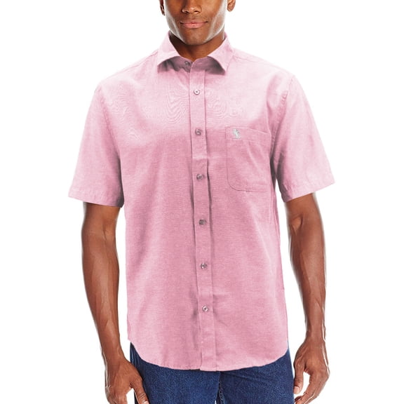 Men’s Classic Collared Short Sleeve Embroidered Logo Solid Button Down Shirt (Light Pink, S)