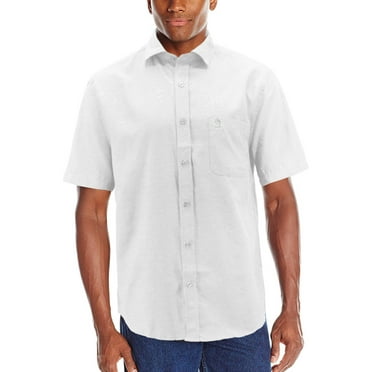 Men’s Classic Collared Short Sleeve Embroidered Logo Solid Button Down Shirt (White, L)