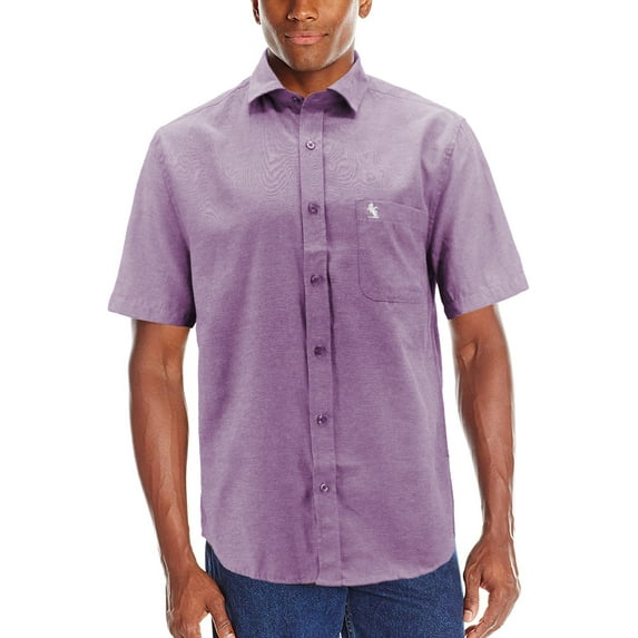 Men’s Classic Collared Short Sleeve Embroidered Logo Solid Button Down Shirt (Wine, XL)