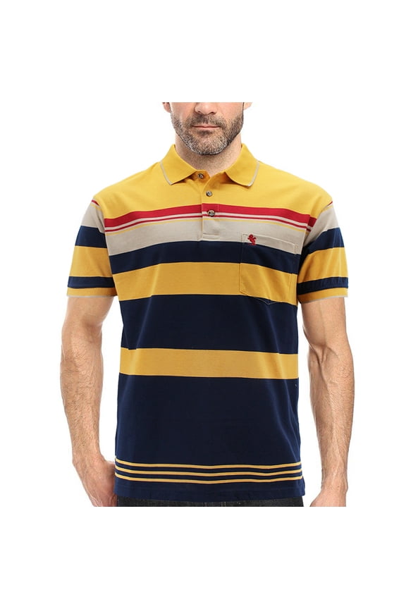 Men's Classic Cotton Blend Logo Short Sleeve Striped Embroidered Polo Shirt (Gold, XL)