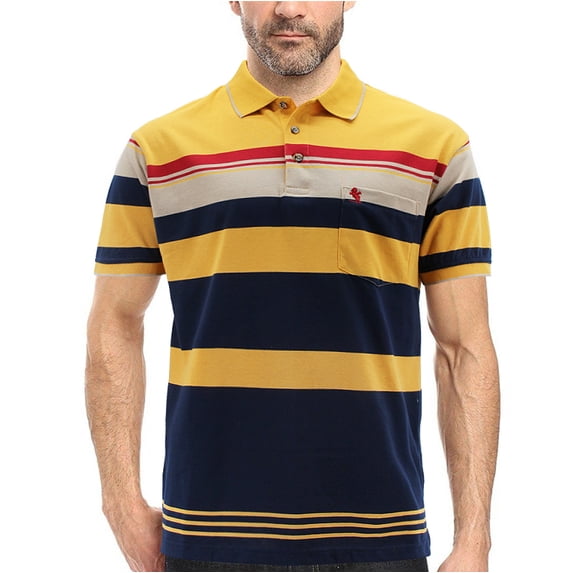 Men's Classic Cotton Blend Logo Short Sleeve Striped Embroidered Polo Shirt (Gold, XL)