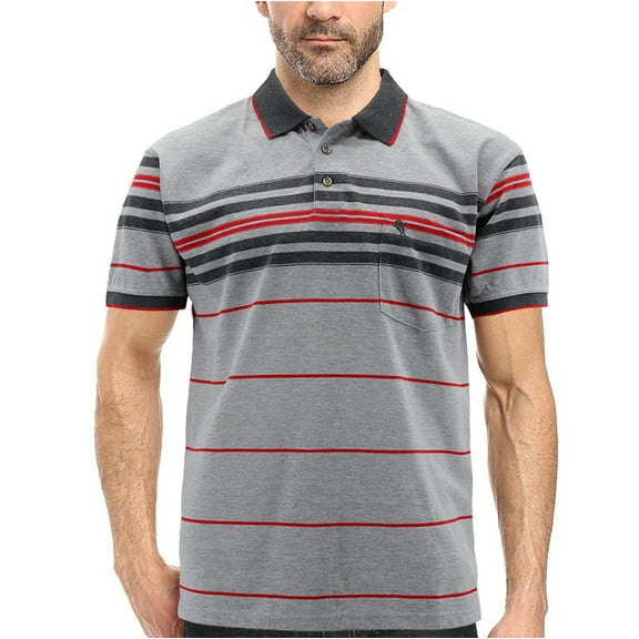 Men's Classic Cotton Blend Logo Short Sleeve Striped Embroidered Polo Shirt (Heather Grey, XL)