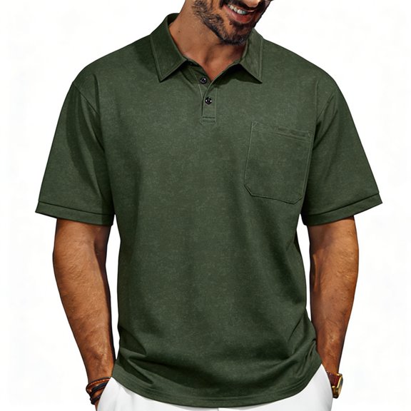 Men's Classic Cotton Pique Polo Shirt Moisture Wicking Breathable Collared Golf Work Casual Top with Convenient Pocket Army Green L