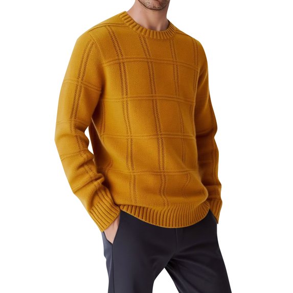 Men's Classic Crew Neck Plaid Knitted Sweater Casual Long Sleeve Checkered Pullover