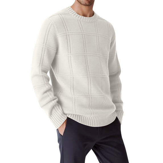 Men's Classic Crew Neck Plaid Knitted Sweater Casual Long Sleeve Checkered Pullover