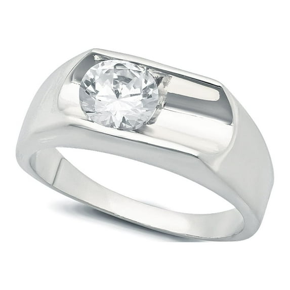 Men's Classic Deep Bezel Set Rhodium Plated CZ Solitaire Ring - Size 9