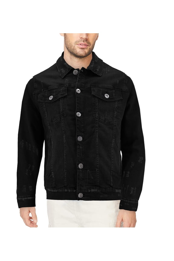 Men’s Classic Distressed Casual Button Up Stretch Jean Trucker Denim Jacket (BLRP - Black, L)