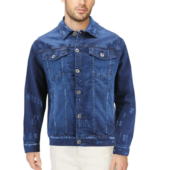 Men’s Classic Distressed Casual Button Up Stretch Jean Trucker Denim Jacket (DBRP - Blue, L)