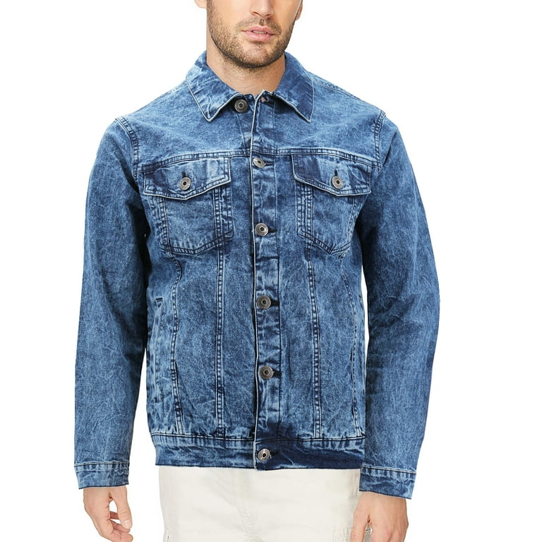 Men\'s Classic Distressed Casual Button Up Stretch Jean Trucker Denim Jacket  (LBR - Blue, M)