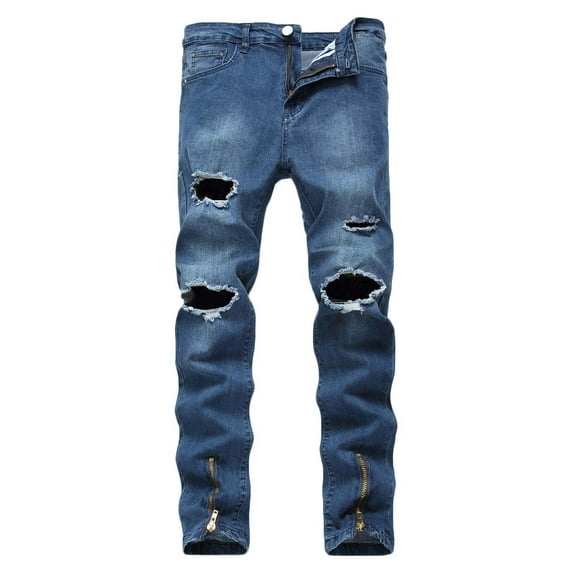 Men's Classic-FIT Casual Cotton Straight Ripped Hole Trousers Jeans Pants Full Length Pants Spring/Summer Pants for Men Blue M