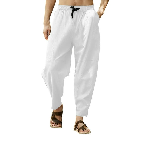 Men's Classic-FIT Casual Cropped Pants Solid Color And Linen Drawstring Hip-hop Lantern Leggings Long Pants Sweatpants for Men White 5XL