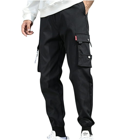 Men's Classic-FIT Solid Casual Pocket Outdoor Elastic Waistbelt Jogger Drawstring Trousers Work Pants Pantalones Para Hombre Black 2XL