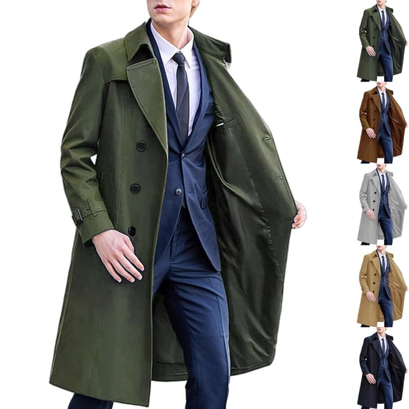 Men's Classic Fit Double Breasted Trench Coat Windproof Dress Overcoat Long Duster Jacket for Business Casual Formal Daily Wear Fall Winter, Army Green, XL