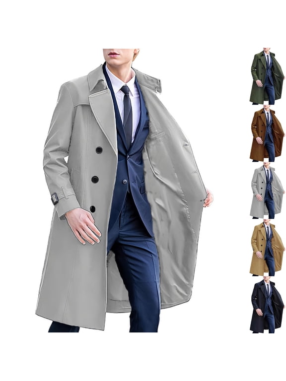 Men's Classic Fit Double Breasted Trench Coat Windproof Dress Overcoat Long Duster Jacket for Business Casual Formal Daily Wear Fall Winter, Gray, XXL