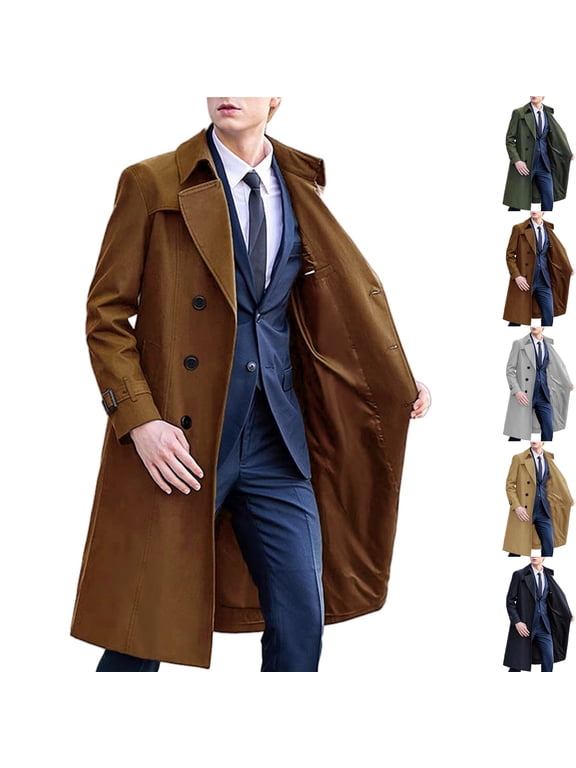 Men's Classic Fit Double Breasted Trench Coat Windproof Dress Overcoat Long Duster Jacket for Business Casual Formal Daily Wear Fall Winter, Brown, M