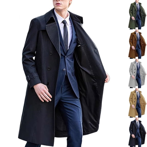 Men's Classic Fit Double Breasted Trench Coat Windproof Dress Overcoat Long Duster Jacket for Business Casual Formal Daily Wear Fall Winter, Navy, M
