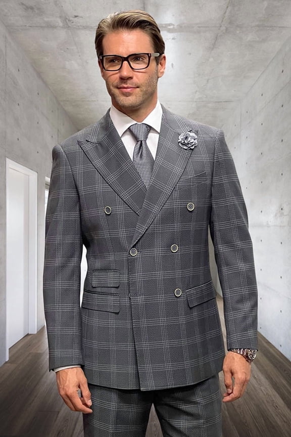 Men's Classic Fit Double Breasted Wool Suit Grey Windowpane 56 Regular