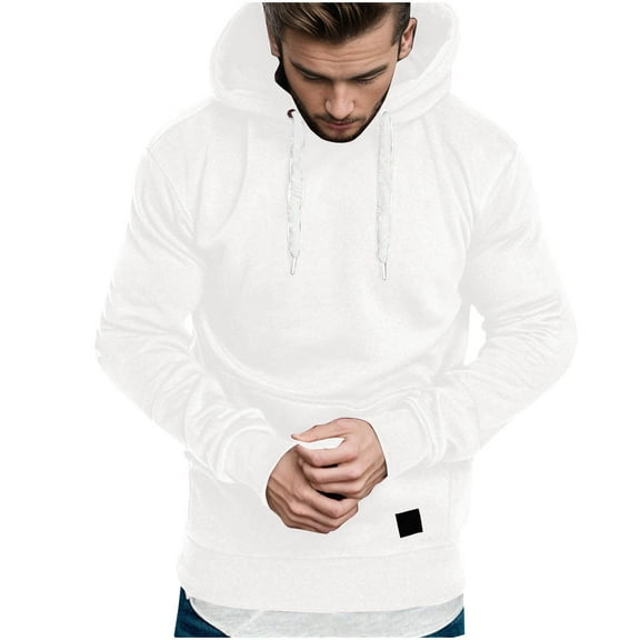 Men's Classic Fit Hoodie Drawstring Plain Pullover Sweatshirts Comfy Cotton Long Sleeve Sport Fall Winter Tops (XL, White)