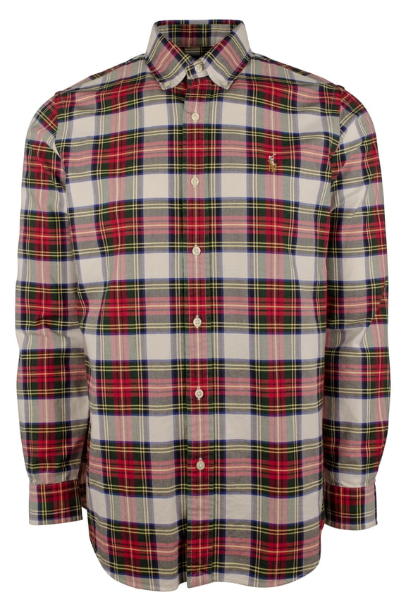 Men's Classic Fit Oxford Button Down Shirt, White/Red Multi, Medium