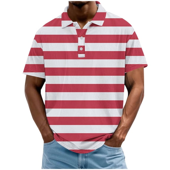 Men's Classic Fit Striped T-shirt Casual Button Lapel Golf Shirts Loose Color Block Polo Blouse