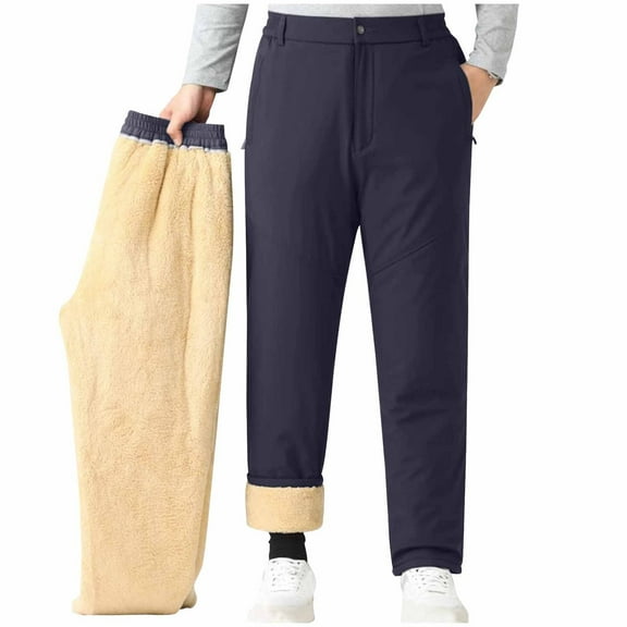 Men's Classic Fit Winter Warm Sherpa Lined Thermal Elastic Waist Casual Pants Long Pants Navy